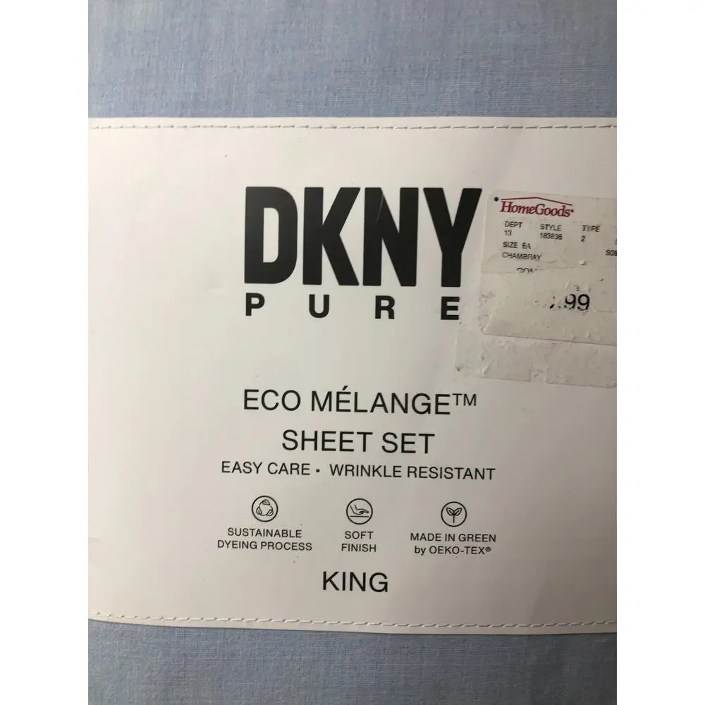 NIP DKNY Pure Blue Eco Melange Easy Care King Sheet Set 4Pc
